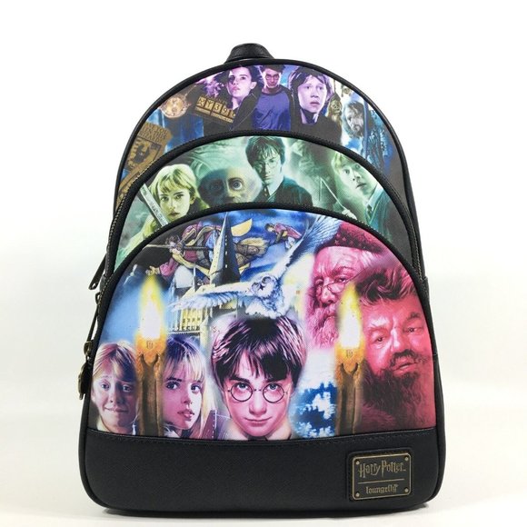 Loungefly Harry Potter Trilogy Triple Zip Pocket Mini Backpack Black Multicolor